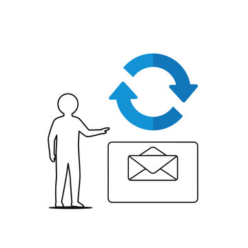 Man points to email icon with refresh arrows symbolizing communication.