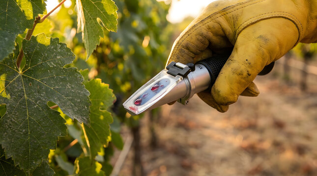 Measuring grape sugar levels with refractometer | Viticulture tools for vineyard harvest testing | Agronomist checking grape ripeness in field | Wine production quality control process
