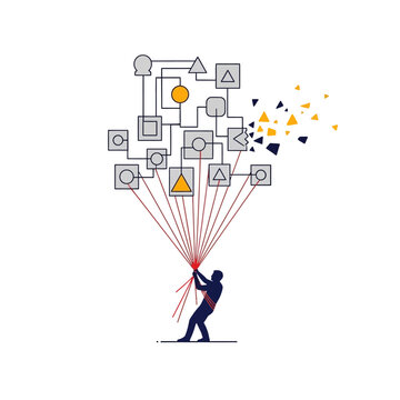Man pulling complex network diagram with strings.