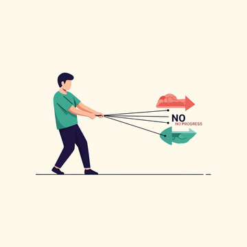 Man pulling ropes with no progress and negative outcomes.