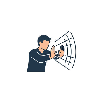 Man pushing away invisible barrier with hands.