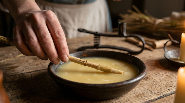 traditional rushlight making process |hand dipping rush wick in tallow |historical candle making techniques|18th century lighting methods |medieval craft of making rushlights