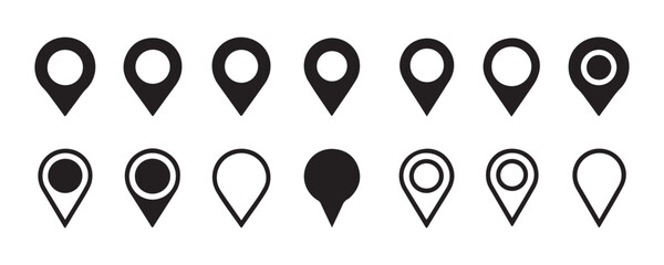 Set of black map location pin icons in various styles for navigation and destination marking simple design. © Moni