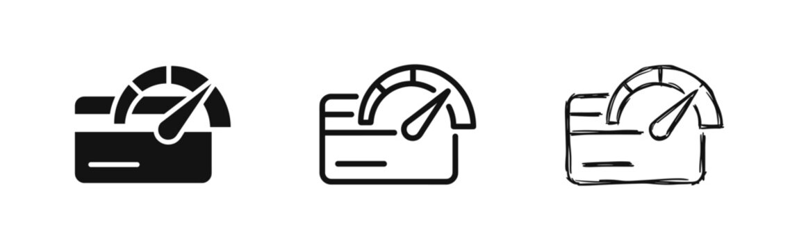 Credit card and speedometer icon set representing credit score in solid, line and hand drawn sketch styles