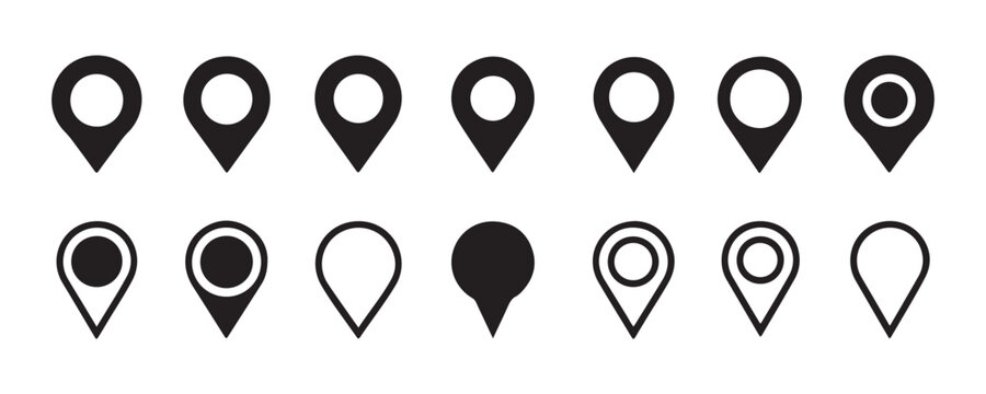 Set of black map location pin icons in various styles for navigation and destination marking simple design.