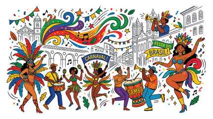 Brazilian Carnival Dancers and Musicians Celebrating in Colorful Street Festival © mus