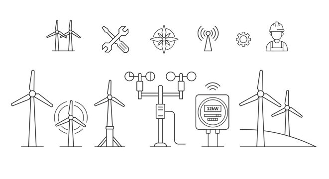 Wind energy and turbine maintenance outline line icons set