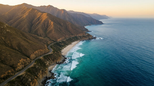 Aerial view of coastal highway winding along rugged cliffs and turquoise ocean at golden hour
