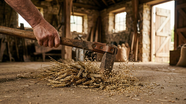 Traditional hand threshing emmer wheat grain | Manual cereal harvest with wooden flail | Ancient agricultural techniques in rustic barn | Harvesting heritage grains by hand