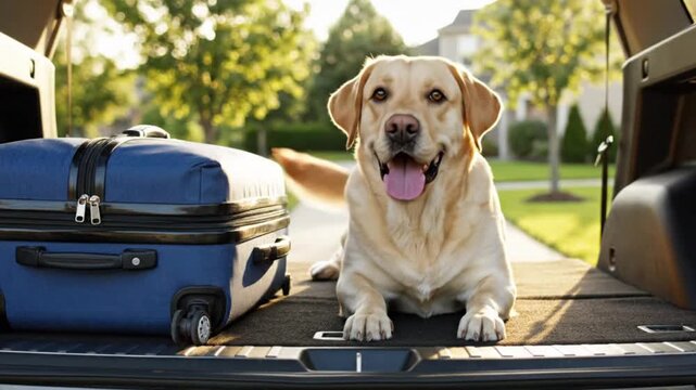 Labrador dog sitting in a car trunk next to a blue suitcase, summer vacation travel with pet.