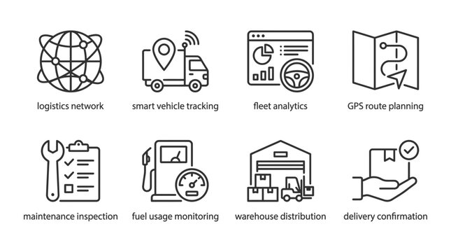 Set of logistics and fleet management line icons