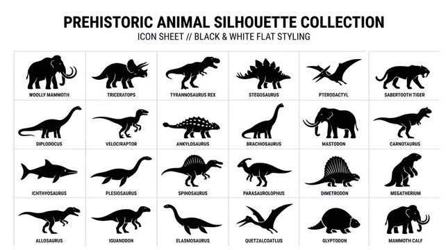 Prehistoric Animal Silhouette Collection: Dinosaurs, Mammoths, Saber-tooth Tiger Icons