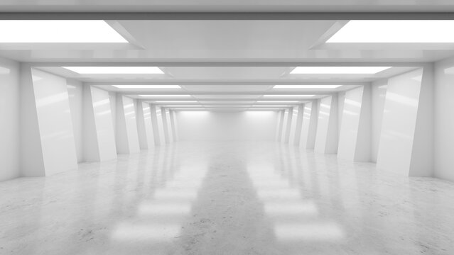 Abstract 3D futuristic architecture background featuring an empty bright white hall with a symmetric linear grid ceiling and reflective floor. Ideal for modern product staging and web banners