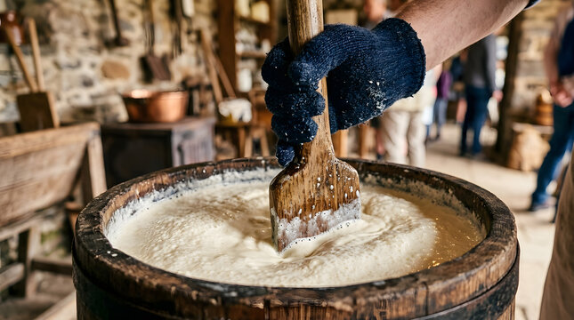 Traditional butter churning process | Antique wooden butter churn with dasher | Handcrafted organic dairy production | Historical farm life demonstration | Authentic rustic butter making technique