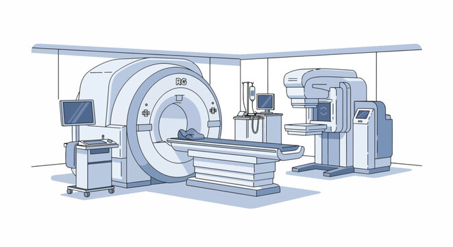 A detailed illustration of medical imaging equipment, including a CT scanner and X-ray machine, in a clinical setting with a white background.