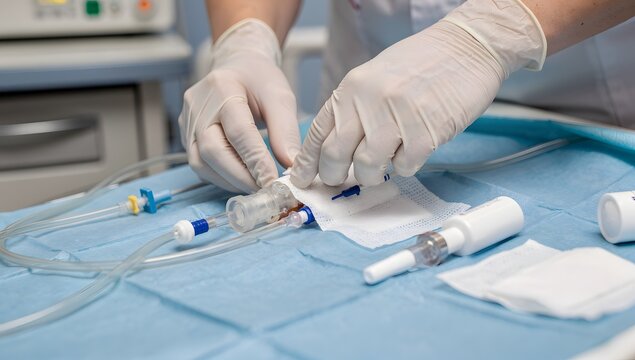 Close-up of nurse hands preparing a long-duration central venous catheter access kit on a hospital counter