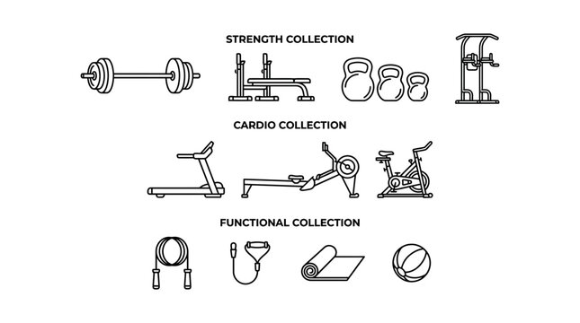 Gym equipment line icons set for strength and cardio fitness