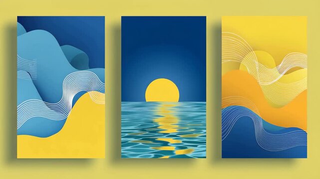 Bright colors and simple shapes show waves and a sun in three pieces of art on a yellow background