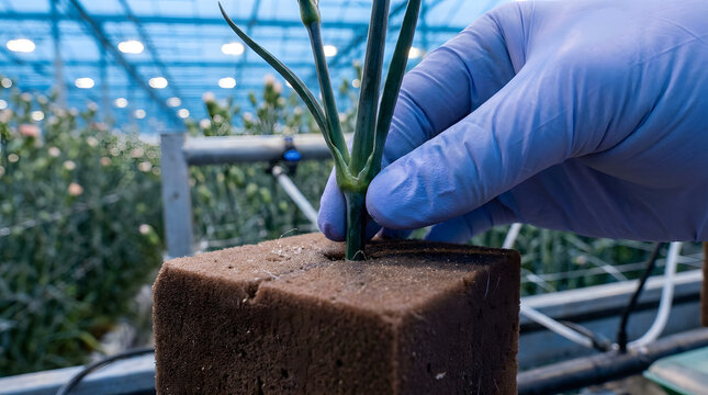 Commercial greenhouse flower cultivation | Hydroponic plant propagation techniques | Gloved hand planting flower cutting in foam | Industrial floriculture process