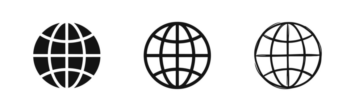 Globe and world map icons set in solid, outline, and hand-drawn doodle styles