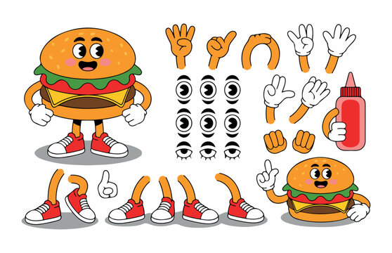 Customizable cartoon hamburger character with various eyes, hands, and leg poses ready for fun animation