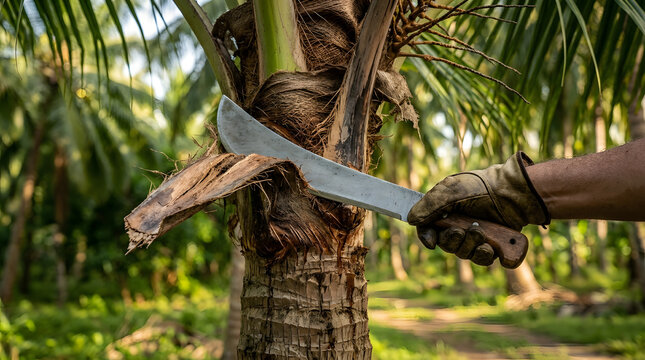 Manual labor harvesting palm fronds | Sharp machete cutting coconut tree bark | Tropical agriculture maintenance in palm plantation | Hand in work glove using large machete blade