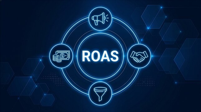 ROAS Return on Ads Spent in marketing concept with futuristic blue background. New