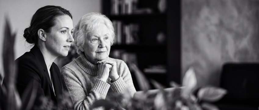 Senior woman and adult daughter sitting together indoors looking thoughtful during a serious conversation, elderly mother and family caregiver sharing a pensive emotional moment, monochrome banner cro