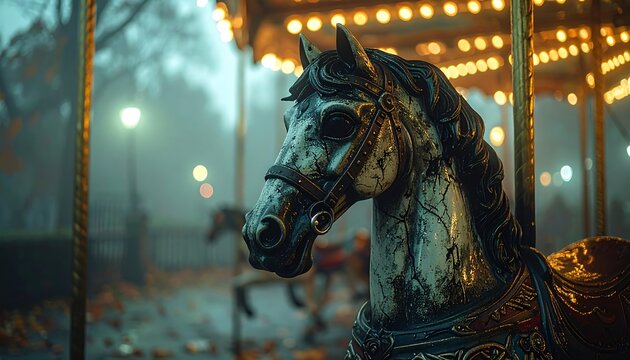 A close-up of a weathered carousel horse's head in a foggy outdoor setting