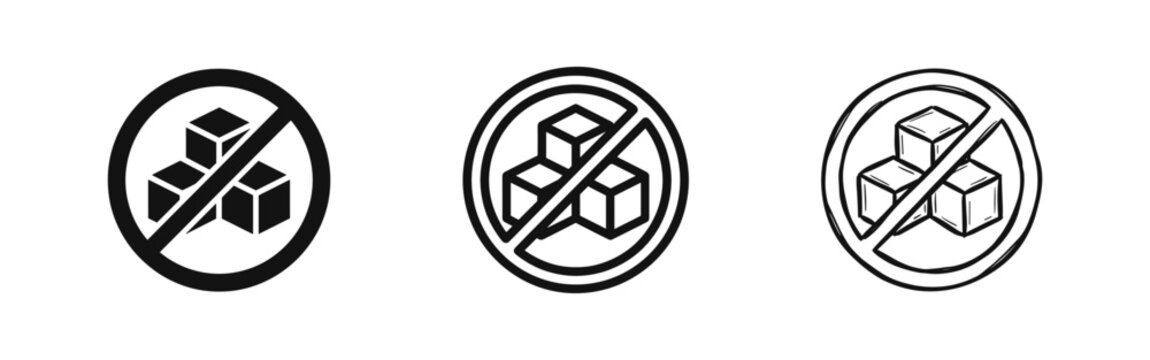 No Sugar Added Icon Set with Cubes in Forbidden Sign for Healthy Diet and Diabetes Awareness