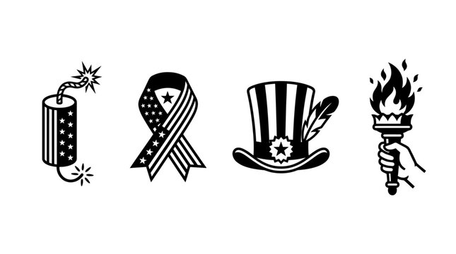 Patriotic icons depicting a dynamite stick, American flag ribbon, top hat, and a torch held by a hand represent national themes.