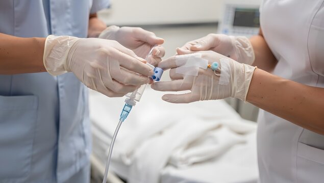 Ultra-realistic image of nurse hands in hospital preparing indwelling central venous access, long-term catheter concept, clean procedure table, soft reflections, highly detailed clinical realism
