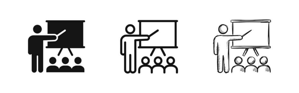 Presentation and Training Seminar Icon Set in Solid Outline and Sketchy Styles