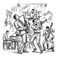 Jazz Band Performing Live Music in a Club, Saxophone, Trumpet, Drums, Bass, Piano © mus