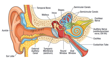 Human Ear Anatomy Diagram: Inner, Middle, Outer Ear Structure with Labels © mus