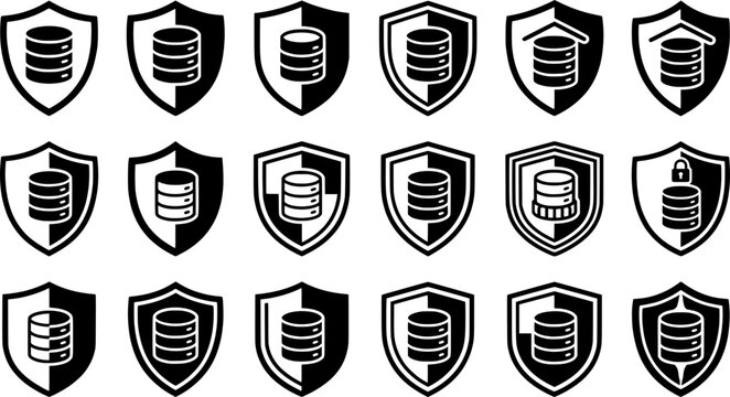 Premium Database Security Shield Icons Collection for Data Protection, Cybersecurity, Secure Storage, and Information Management Systems