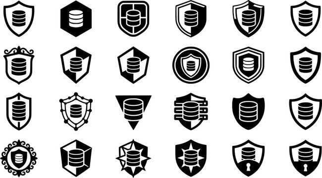 Premium Database Security Shield Icons Collection for Data Protection, Cybersecurity, Secure Storage, and Information Management Systems