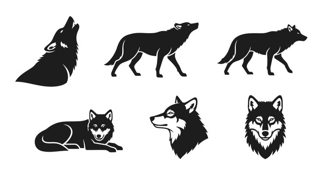 Collection of six black and white illustrations of wolves in various poses and profiles