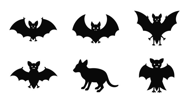 A collection of six black bat silhouettes and a black cat silhouette on a white background, perfect for Halloween or spooky designs
