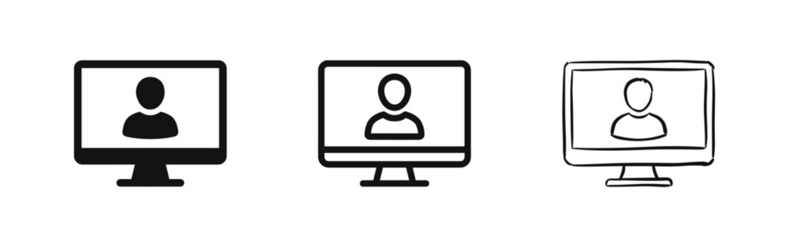 User Profile and Computer Icon Set in Flat Outline and Hand Drawn Styles