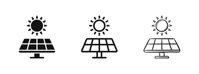 Solar energy icon set with solar panel and sun, renewable green power symbols © drawing lines
