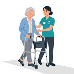 Obraz premium Caregiver helping elderly senior on walker for senior care art