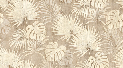 Vintage tropical leaf pattern in beige tones, seamless palm and monstera foliage background, elegant botanical wallpaper illustration for interior design © T_H_E_A_R_T_I_S_T