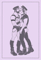 Hand-drawn vector illustration of two masculine leathermen kissing. Romantic queer couple in vintage leather BDSM aesthetic, retro homoerotic drawing, and LGBTQ+ pride art. © Judy