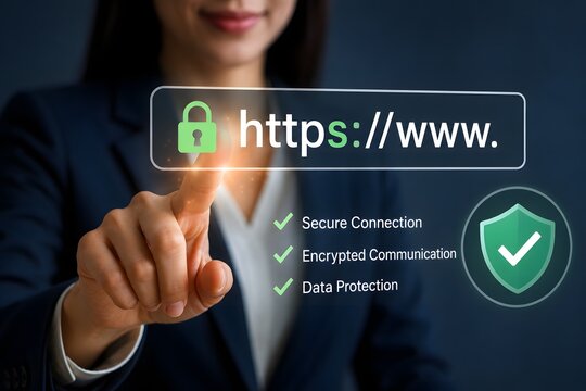 A woman in a suit pointing to a secure connection HTTPS icon, illustrating online security and data protection.