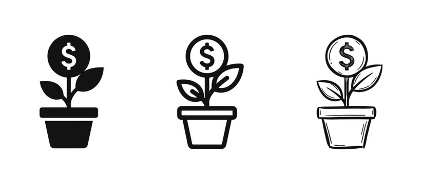 Money plant growing in a pot icon set representing financial growth and investment in three styles
