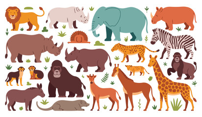 Diverse cartoon safari and jungle animals including elephants, lions, giraffes, zebras, and rhinoceroses © BULBUL ISLAM