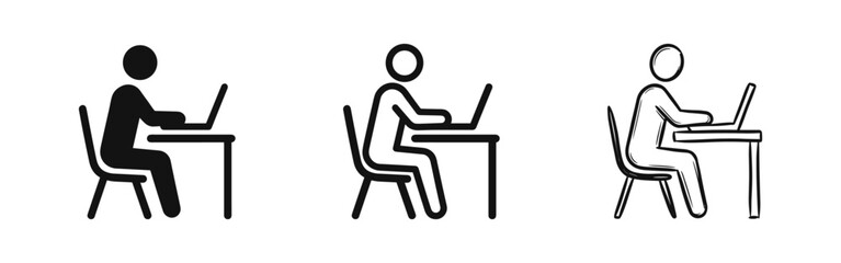 Remote work icon set showing a person working at a desk with a laptop in solid, outline and sketch styles. © drawing lines
