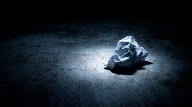 Crumbled paper ball on dark floor. Failed financial plan or bankruptcy concept. Debt problem and insolvency representing stress of financial struggle and lost budget planning investment.