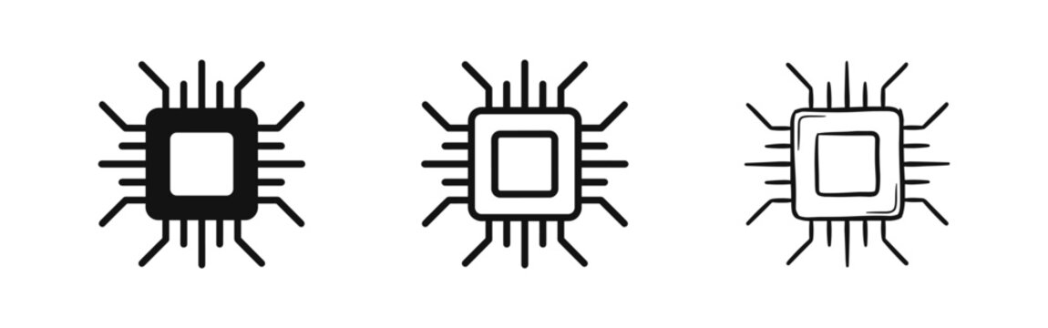 CPU microchip icon set representing technology and processing in solid, outline and hand-drawn sketch styles.